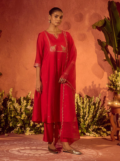 Dhiyona FL Women's Red Viscose Chanderi Embroidered Ethnic A-Line Kurta Set with Dupatta