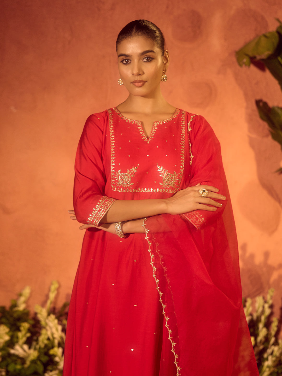 Dhiyona FL Women's Red Viscose Chanderi Embroidered Ethnic A-Line Kurta Set with Dupatta