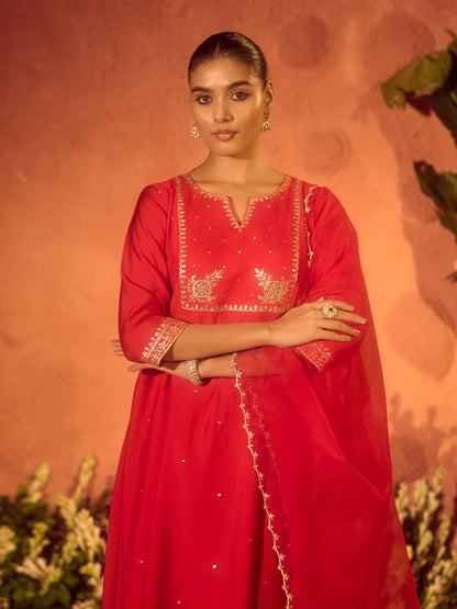 Dhiyona FL Women's Red Viscose Chanderi Embroidered Ethnic A-Line Kurta Set with Dupatta
