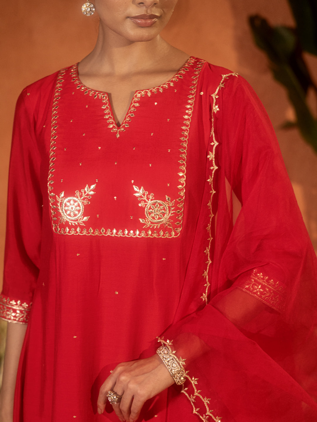 Dhiyona FL Women's Red Viscose Chanderi Embroidered Ethnic A-Line Kurta Set with Dupatta