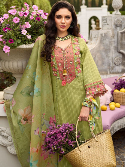 Women Floral Embroidered Cotton Kurta with Trousers & Dupatta