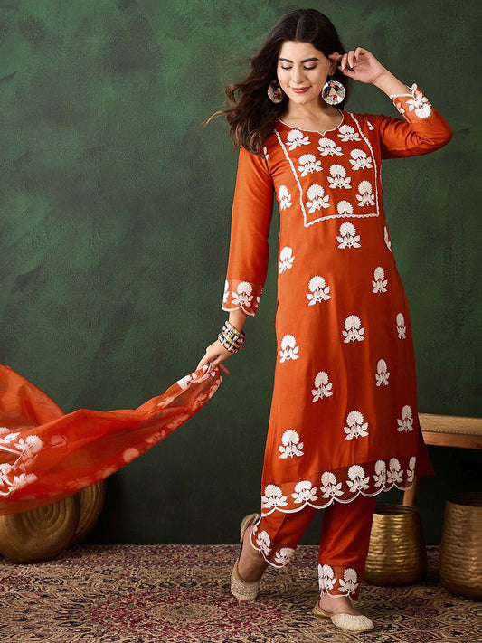 Dhiyona SN Women's Embroidered Thread Work Notch Neck Straight Kurta & Trousers With Dupatta