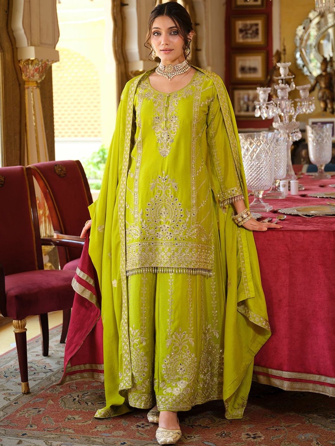Dhiyona IE Floral Embroidered Zari Kurta With Palazzos & Dupatta