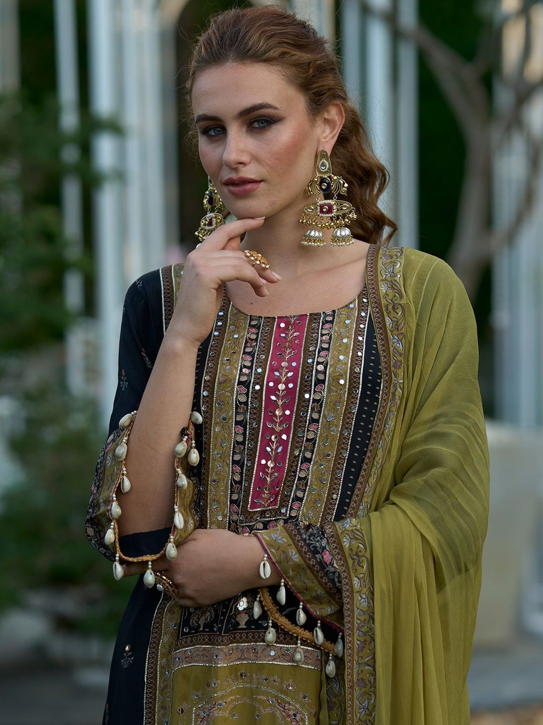 Ethnic Motifs Printed Regular Mirror Work Kurta With Palazzos & Dupatta