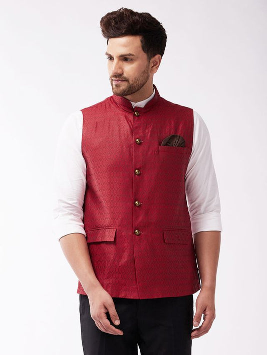 Men's Maroon Silk Blend Straight Nehru Jacket