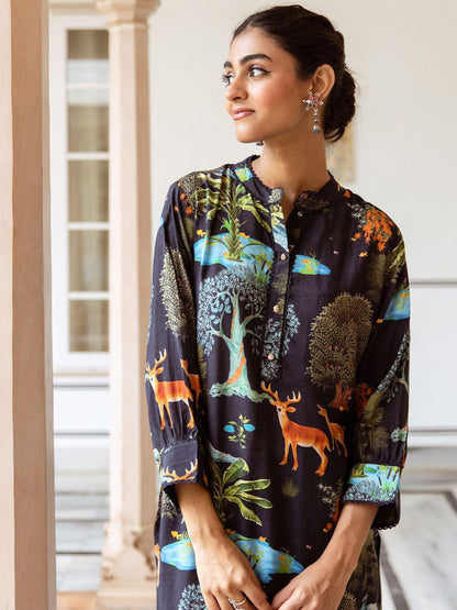 Dhiyona IS Women's Floral Printed Round Neck Three Quarter Sleeves Straight Kurta With Palazzos