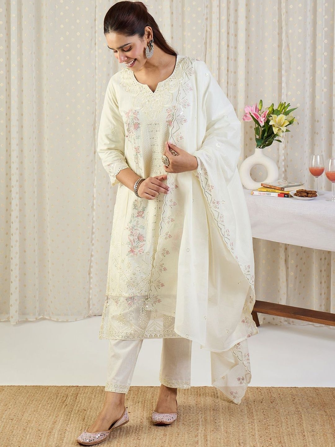 Dhiyona IE Floral Embroidered Thread Work Pure Cotton Kurta With Trousers & Dupatta
