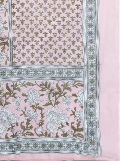 Floral Printed Angrakha Beads and Stones Pure Cotton Kurta Set & With Dupatta