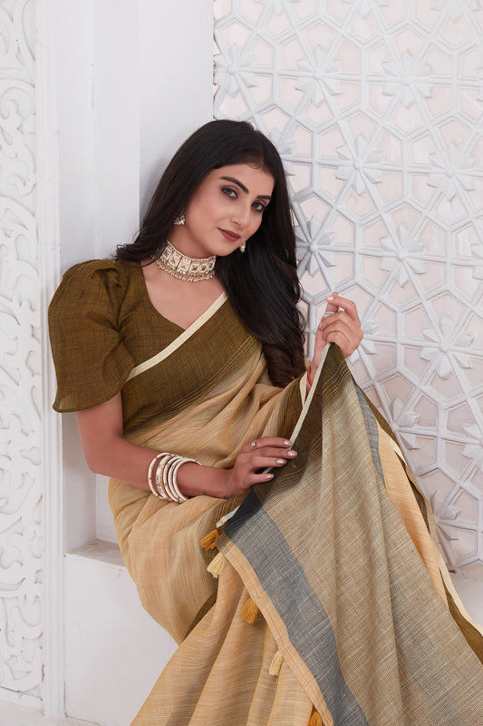 Dhiyona GR Women's Shades Mid Orange Handloom Linen Saree