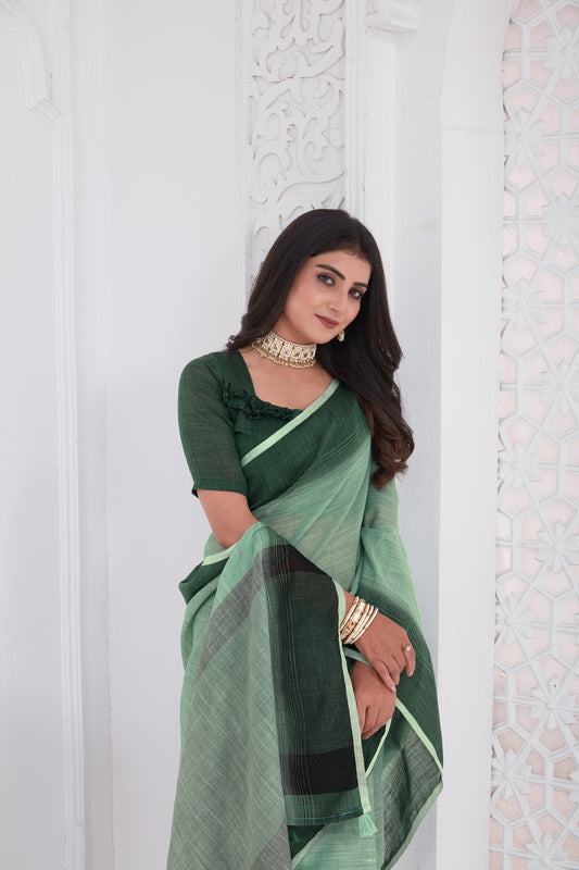 Dhiyona GR Women's Shades Sage Turquoise Green Handloom Linen Saree