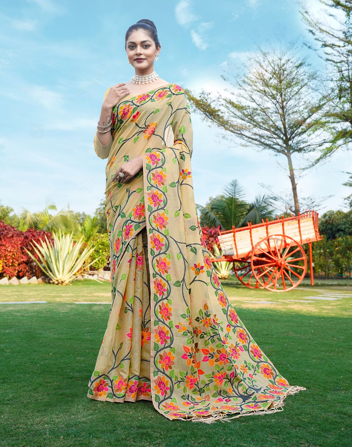 Dhiyona GR Women's Shahida Jicama Beige Soft Cotton Jamdani Saree