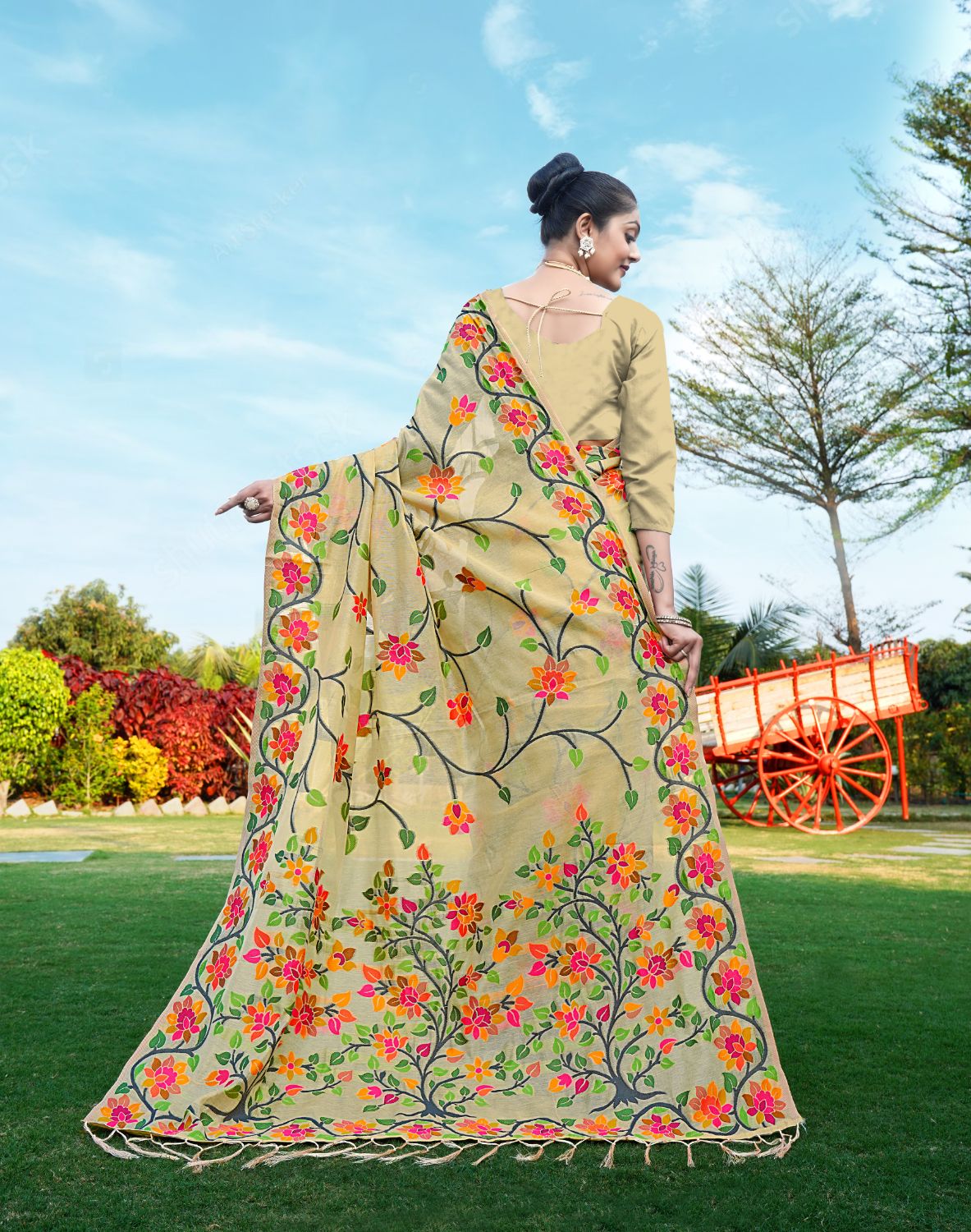 Dhiyona GR Women's Shahida Jicama Beige Soft Cotton Jamdani Saree