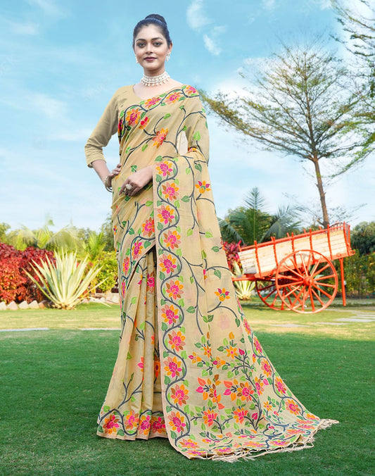 Dhiyona GR Women's Shahida Jicama Beige Soft Cotton Jamdani Saree