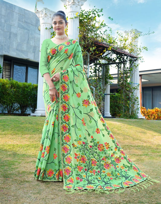 Dhiyona GR Women's Shahida Clover Green Soft Cotton Jamdani Saree