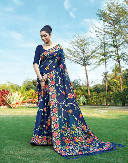 Dhiyona GR Women's Shahida Neptune Blue Soft Cotton Jamdani Saree