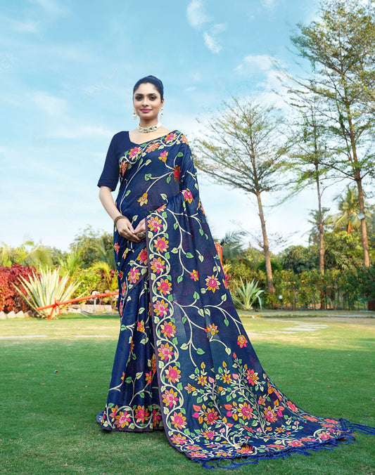 Dhiyona GR Women's Shahida Neptune Blue Soft Cotton Jamdani Saree