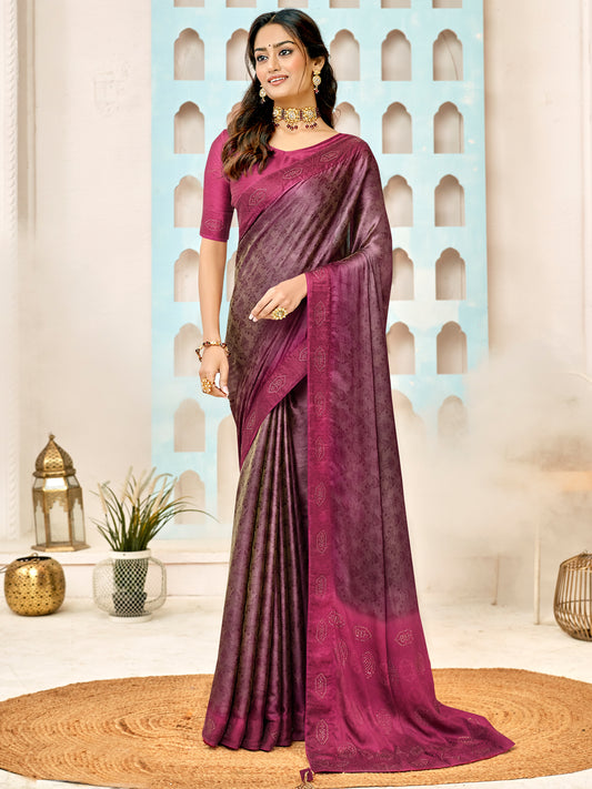 Women's Pure Silk Burgundy Embellished Designer Saree With Blouse Piece