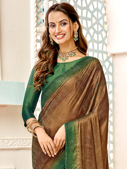 Women's Pure Silk Brown Embellished Designer Saree With Blouse Piece