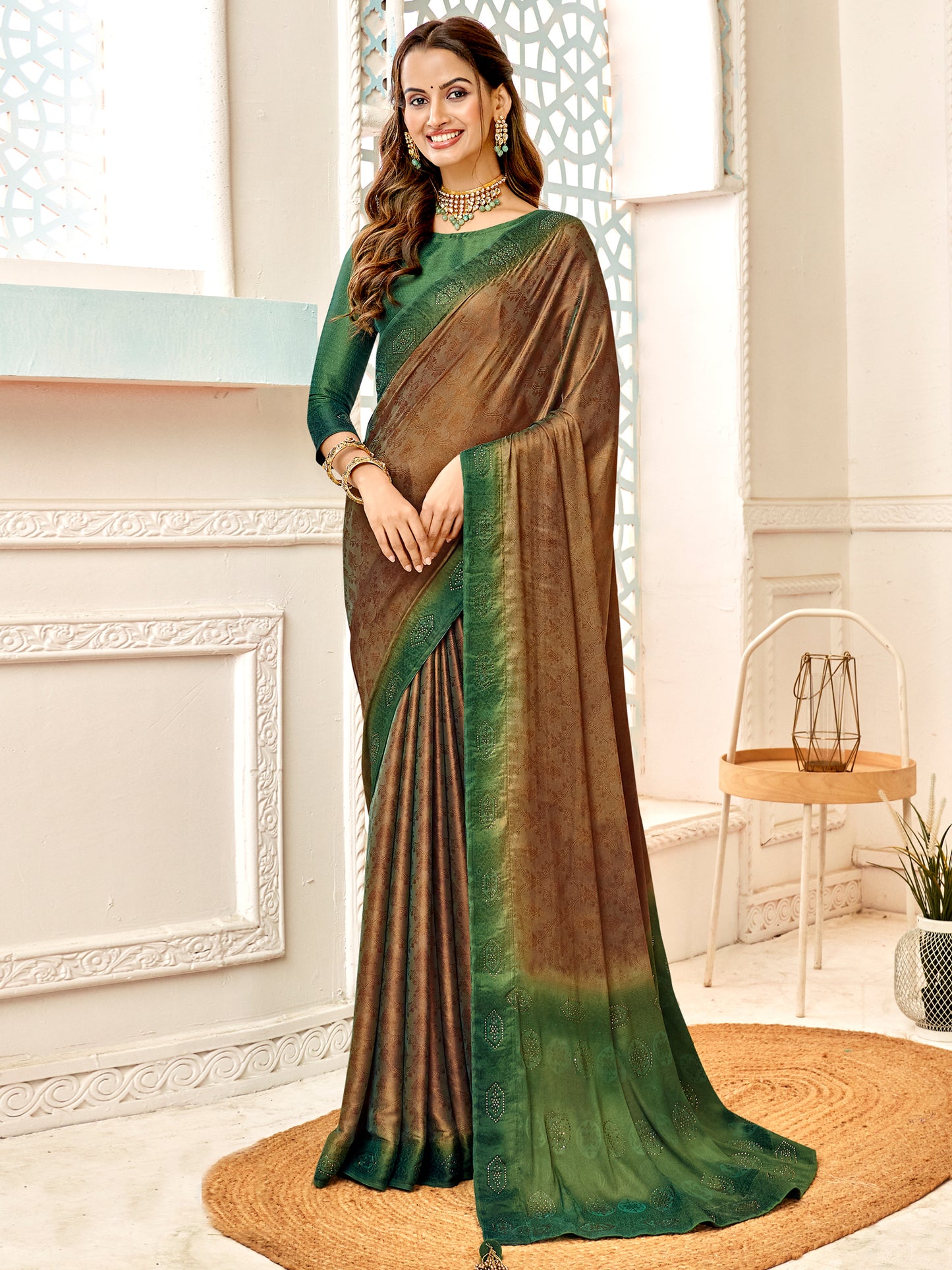 Women's Pure Silk Brown Embellished Designer Saree With Blouse Piece