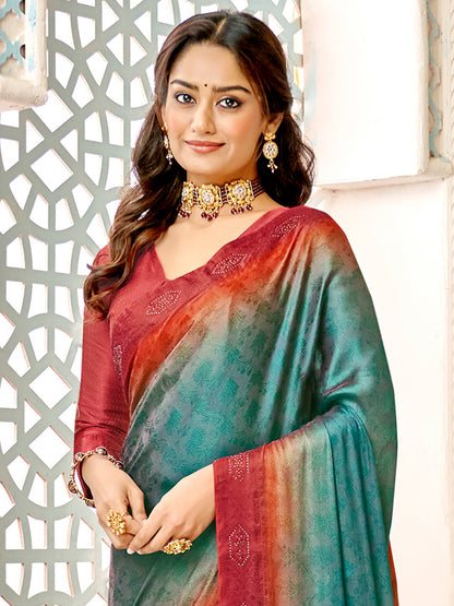 Women's Pure Silk Blue Embellished Designer Saree With Blouse Piece