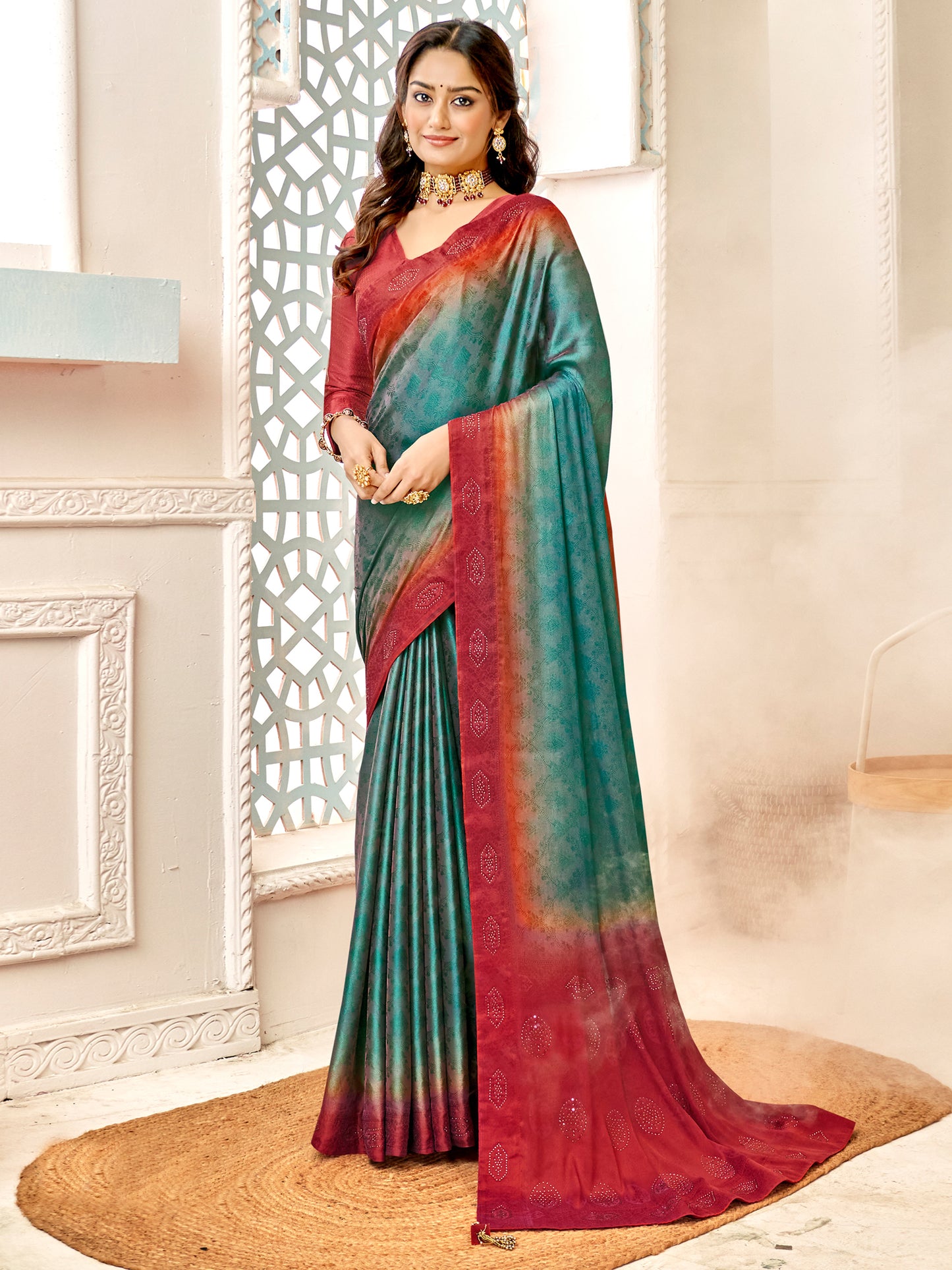 Women's Pure Silk Blue Embellished Designer Saree With Blouse Piece