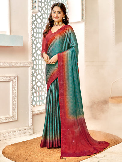 Women's Pure Silk Blue Embellished Designer Saree With Blouse Piece