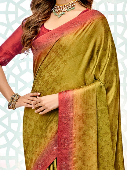 Women's Pure Silk Olive Embellished Designer Saree With Blouse Piece