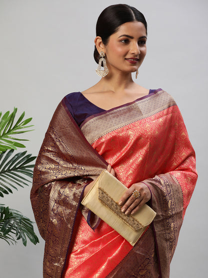 Women's Silk Blend Pink Woven Design Designer Saree With Blouse Piece