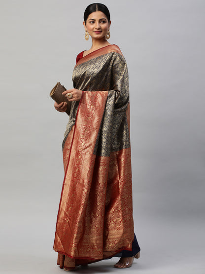 Women's Silk Blend Navy Blue Woven Design Designer Saree With Blouse Piece