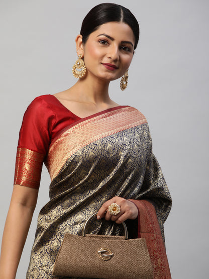 Women's Silk Blend Navy Blue Woven Design Designer Saree With Blouse Piece