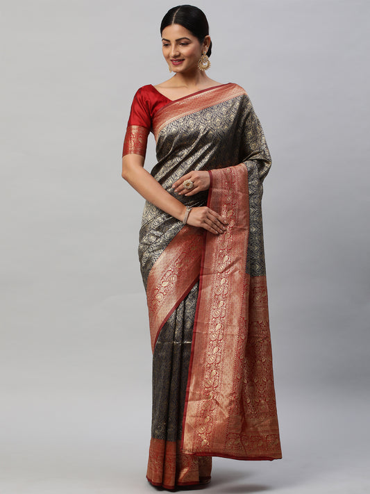 Women's Silk Blend Navy Blue Woven Design Designer Saree With Blouse Piece