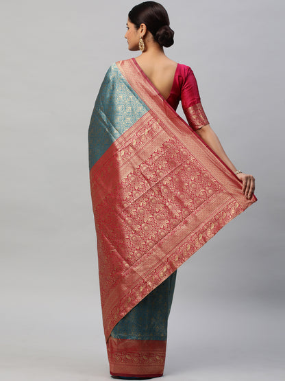 Women's Silk Blend Blue Woven Design Designer Saree With Blouse Piece