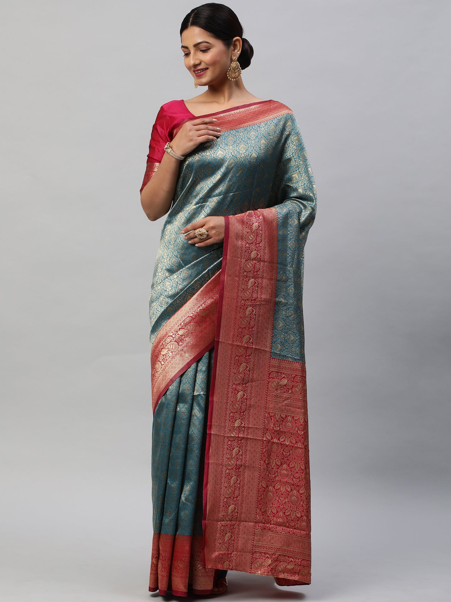 Women's Silk Blend Blue Woven Design Designer Saree With Blouse Piece