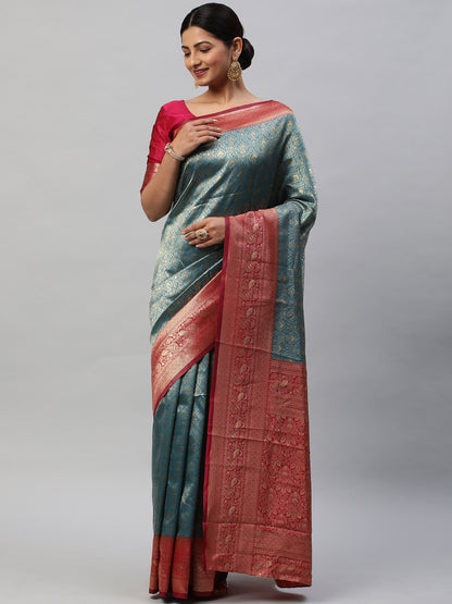 Women's Silk Blend Blue Woven Design Designer Saree With Blouse Piece