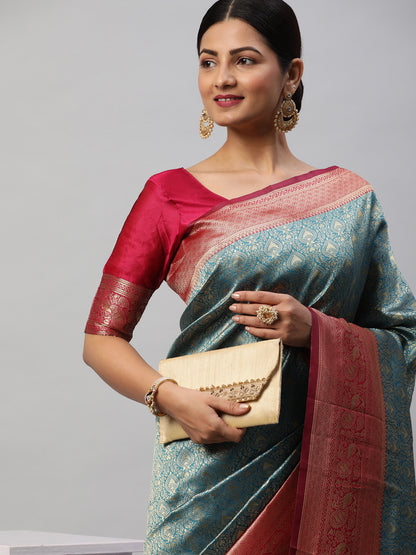 Women's Silk Blend Blue Woven Design Designer Saree With Blouse Piece