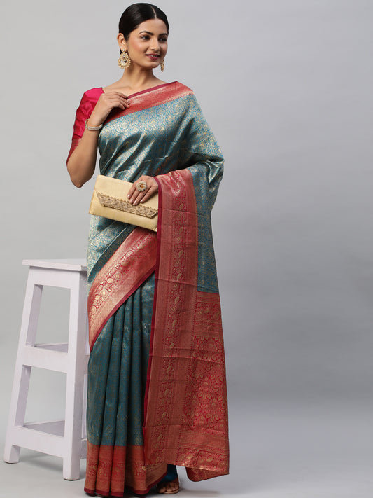 Women's Silk Blend Blue Woven Design Designer Saree With Blouse Piece