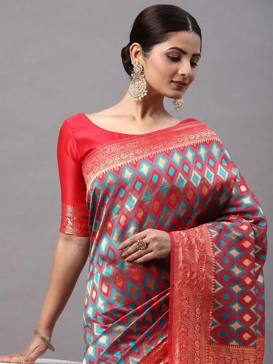 Women's Silk Blend Red Woven Design Designer Saree With Blouse Piece