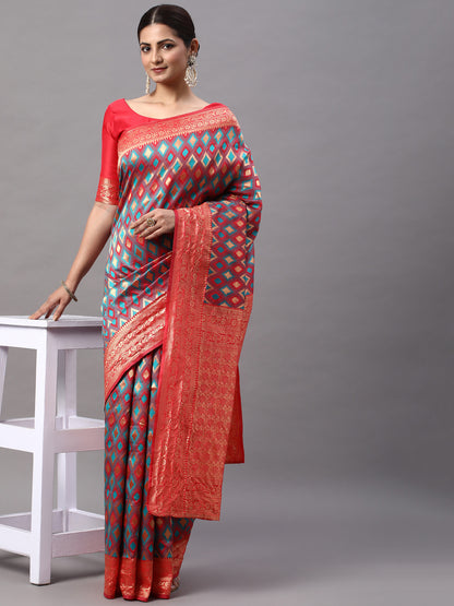 Women's Silk Blend Red Woven Design Designer Saree With Blouse Piece
