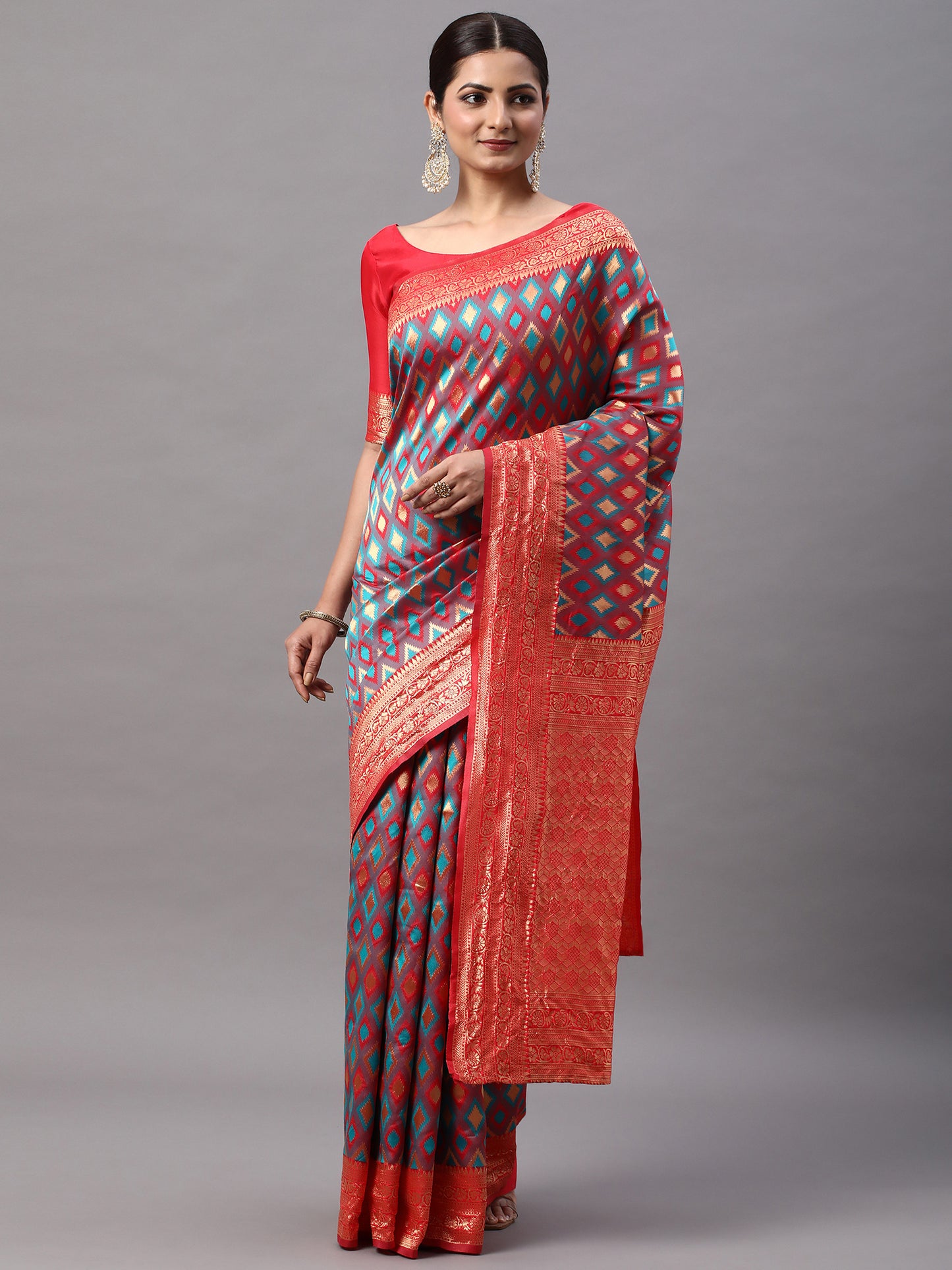 Women's Silk Blend Red Woven Design Designer Saree With Blouse Piece