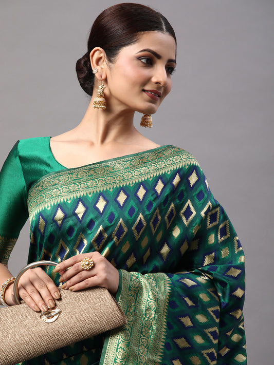 Women's Silk Blend Green Woven Design Designer Saree With Blouse Piece