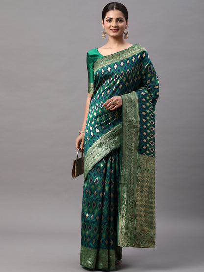 Women's Silk Blend Green Woven Design Designer Saree With Blouse Piece