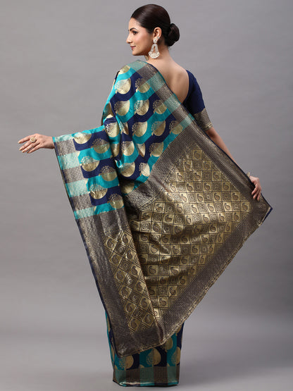 Women's Silk Blend Navy Blue Woven Design Designer Saree With Blouse Piece