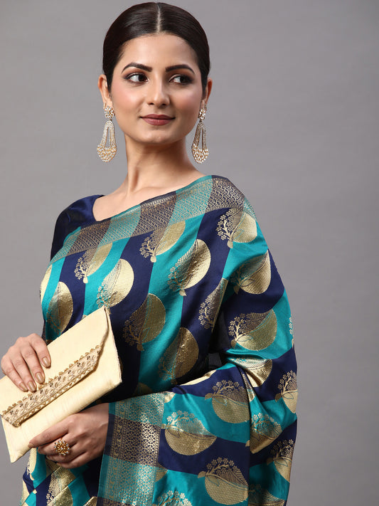 Women's Silk Blend Navy Blue Woven Design Designer Saree With Blouse Piece