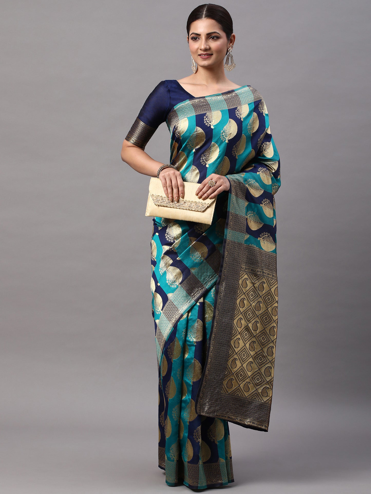 Women's Silk Blend Navy Blue Woven Design Designer Saree With Blouse Piece
