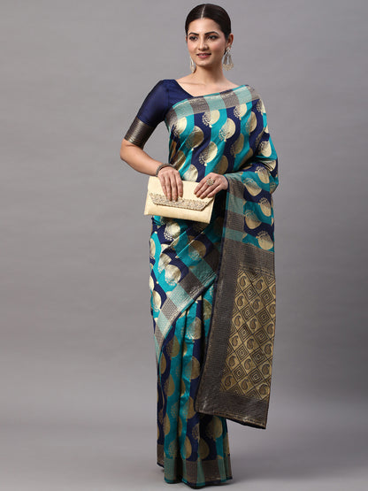 Women's Silk Blend Navy Blue Woven Design Designer Saree With Blouse Piece