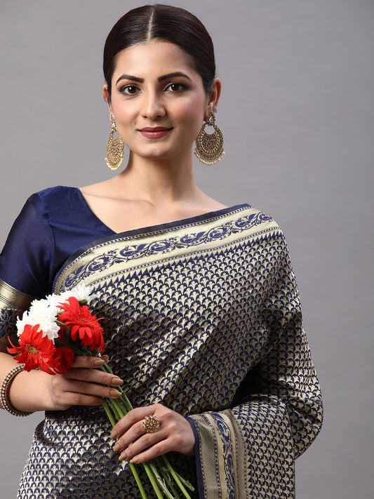Women's Silk Blend Navy Blue Woven Design Designer Saree With Blouse Piece