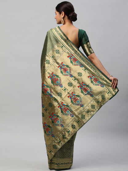 Women's Silk Blend Green Woven Design Designer Saree With Blouse Piece