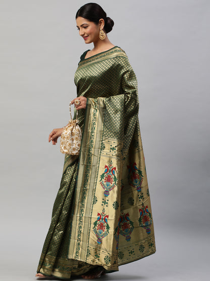 Women's Silk Blend Green Woven Design Designer Saree With Blouse Piece