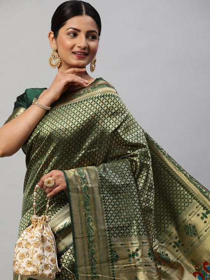 Women's Silk Blend Green Woven Design Designer Saree With Blouse Piece