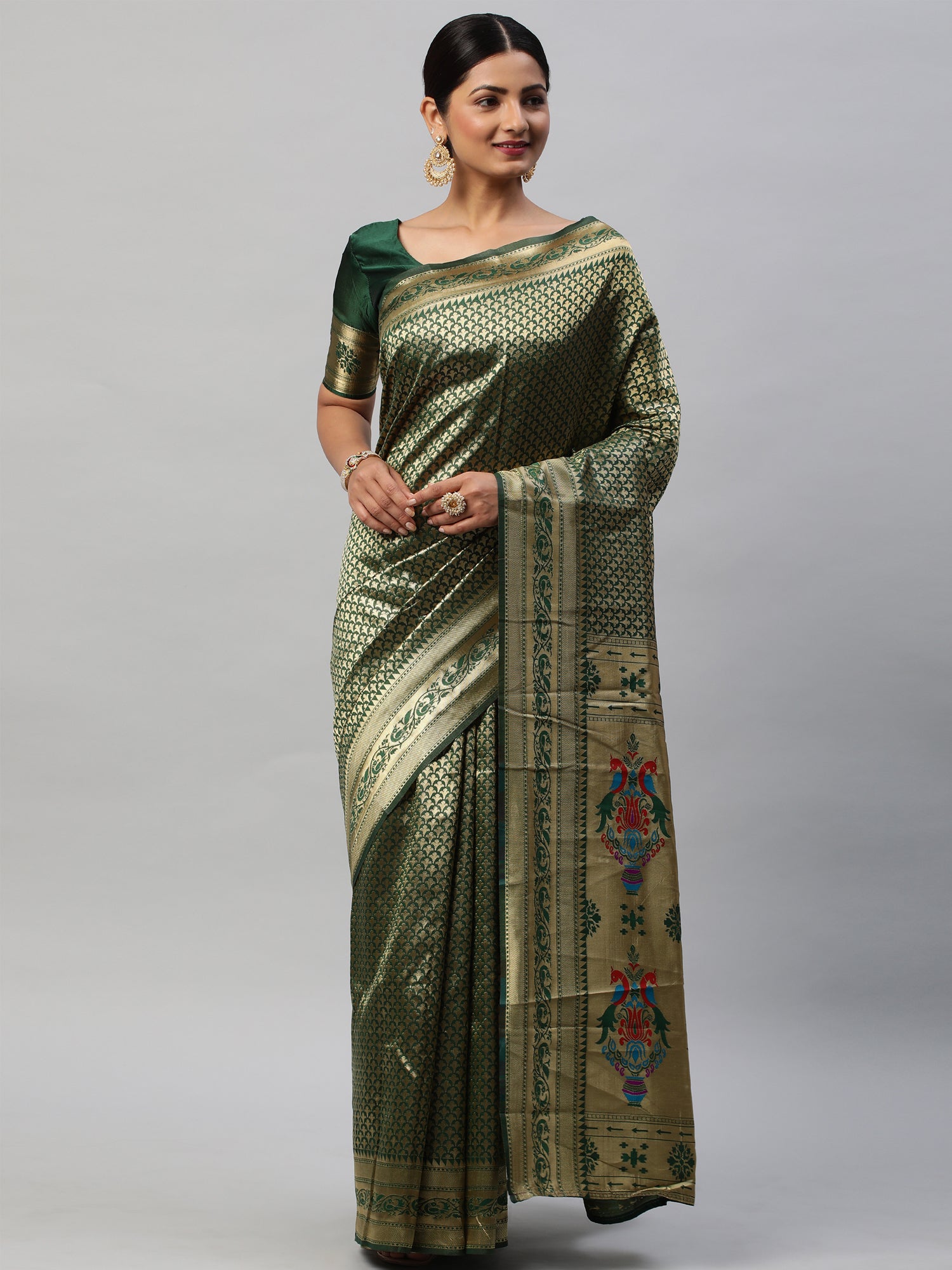 Women's Silk Blend Green Woven Design Designer Saree With Blouse Piece